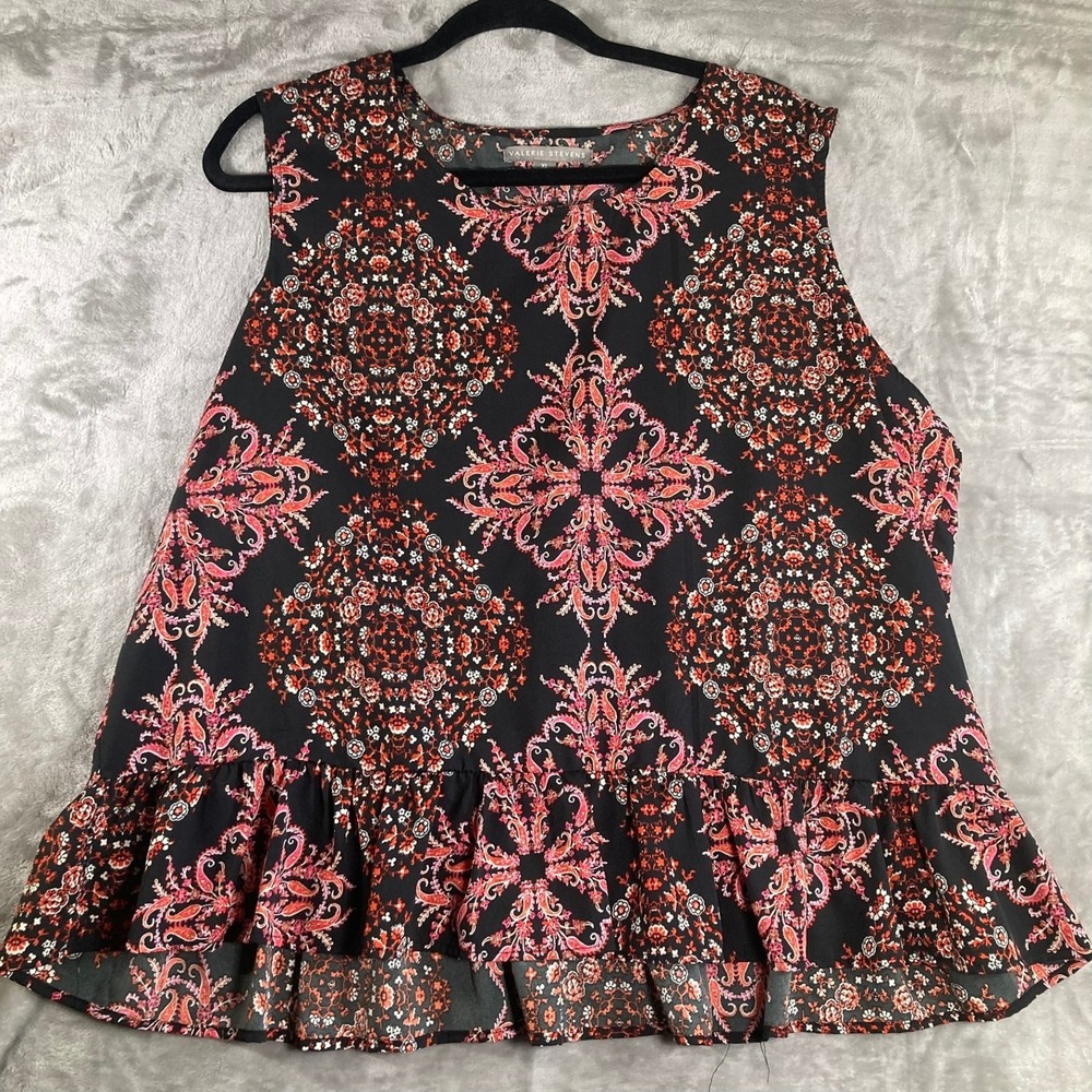 Valerie Stevens Womens XL Black Red Paisley Medallion Peplum Sleeveless Top